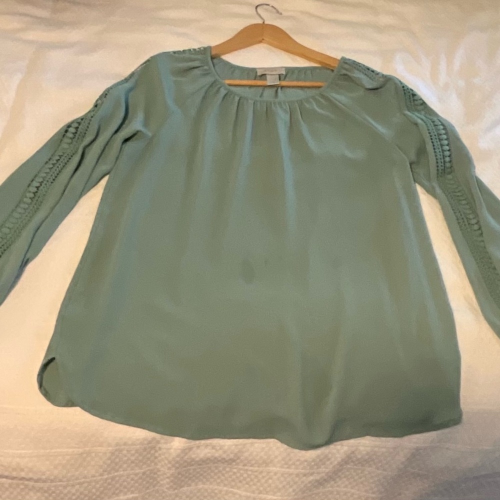 LOFT Sage Green Long-Sleeve Blouse with Braided Sleeve Trim